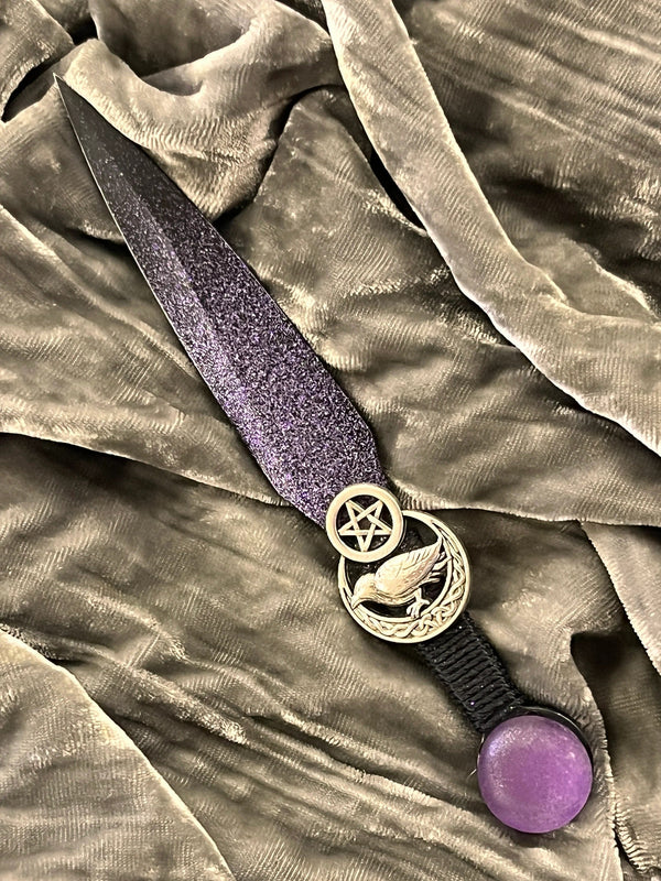 Athame / Dagger - Raven Moon Pentacle Purple Metallic Accents Purple Glass Stone 6.5 Inches