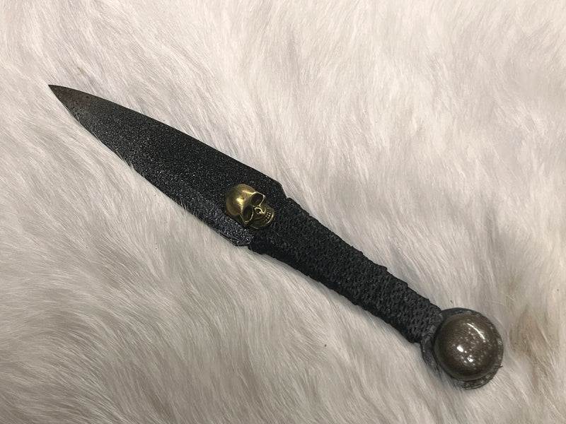 Athame / Dagger - Bronze Skull Black Blade Metallic Accents Bronze Glass Stone 6.5 Inches