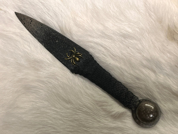 Athame / Dagger - Bronze Spider Black Blade Metallic Accents Bronze Glass Stone 6.5 Inches