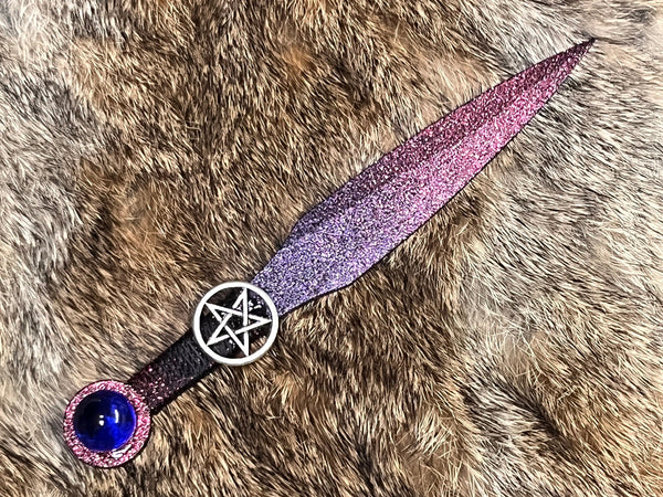 Athame / Dagger - Pentacle Round Blue Glass Sphere Pink Purple Ombre Metallic Accents 6.5 Inches