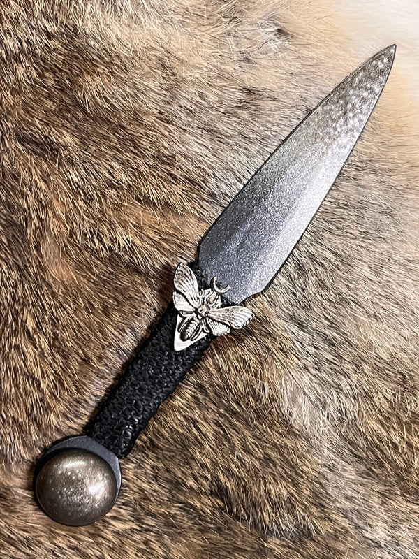 Athame / Dagger - Luna Horned Moth Bronze Texture Black Blade Metallic Accents 6.5 Inches