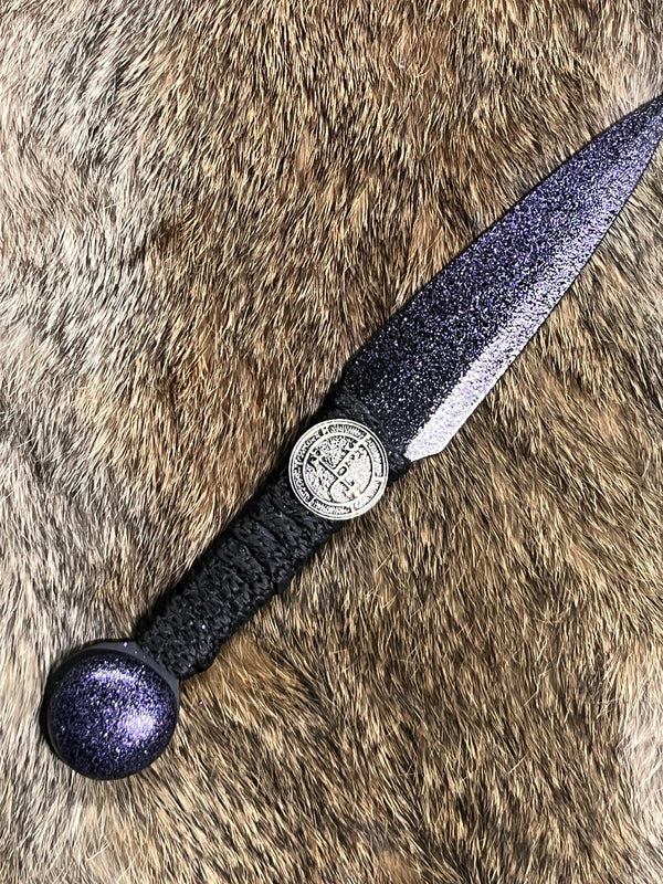 Athame / Dagger - Lilith Purple and Black Blade Metallic Accents Purple Glass Stone 6.5 Inches