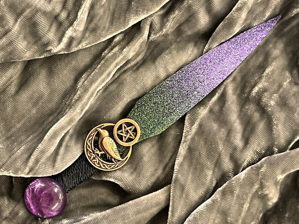 Athame / Dagger - Bronze Raven Celtic Moon Pentacle Purple Green Metallic Accents 6.5 Inches