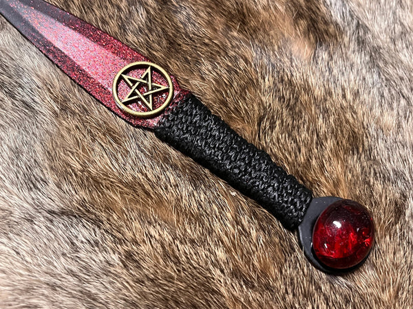 Athame / Dagger - Bronze Pentacle Red and Black Blade Metallic Accents Red Glass Stone 6.5 Inches