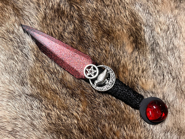 Athame / Dagger - Raven Moon Pentacle Red and Black Blade Metallic Accents Red Glass Stone 6.5 Inches