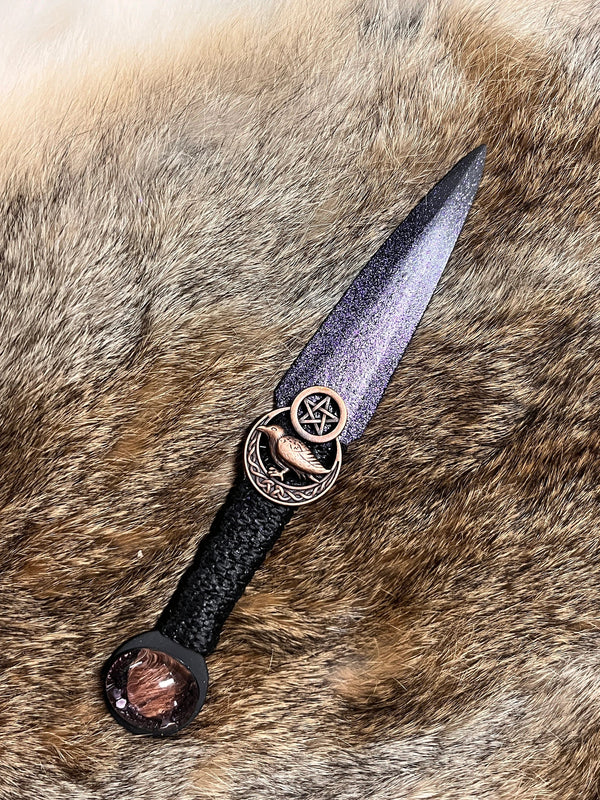 Athame / Dagger - Copper Moon Pentacle Purple and Black Blade Metallic Accents Purple Glass Stone 6.5 Inches