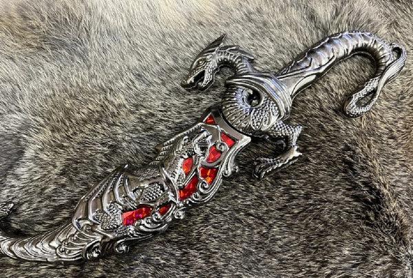 Athame/Dagger - Dragon Fighting Metallic Red Stainless Steel Blade
