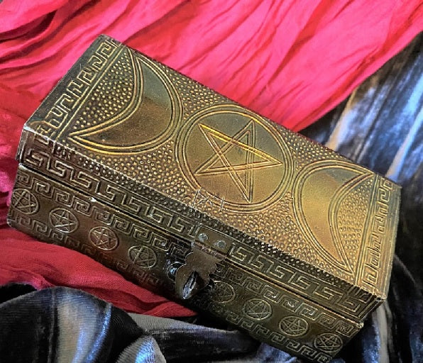 Bronze Triple Moon Goddess Box Stamped Metal over Wood 4x6