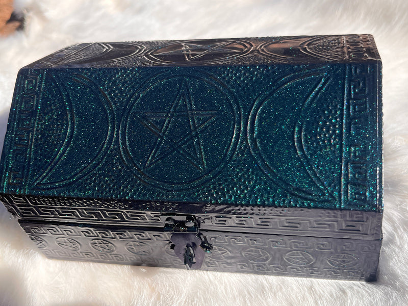 Triple Moon Goddess Box Color Changing Green Purple Metallic Stamped Metal over Wood 4x6 Velvet Lined