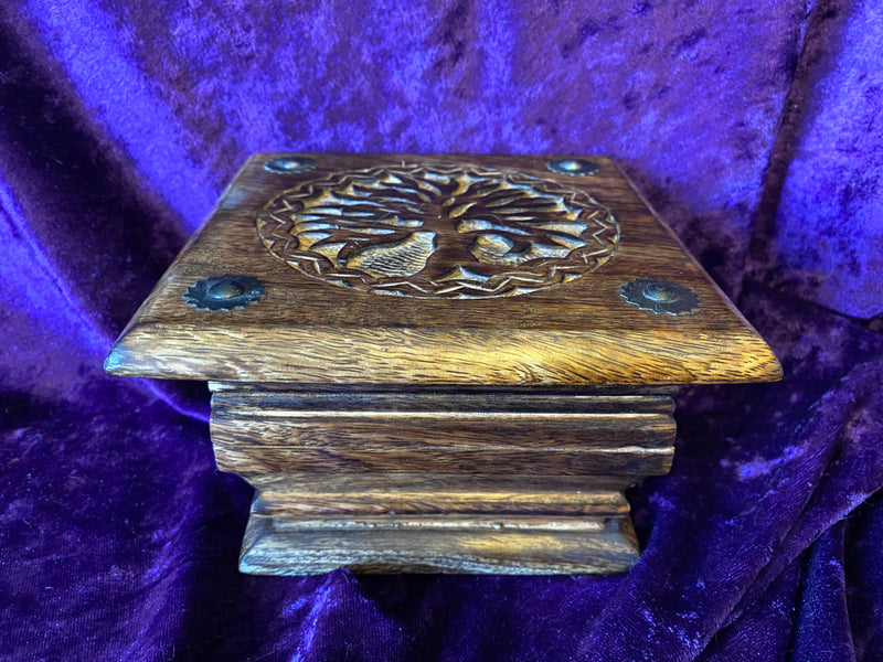 Tree of Life Carved Walnut Pedestal Box