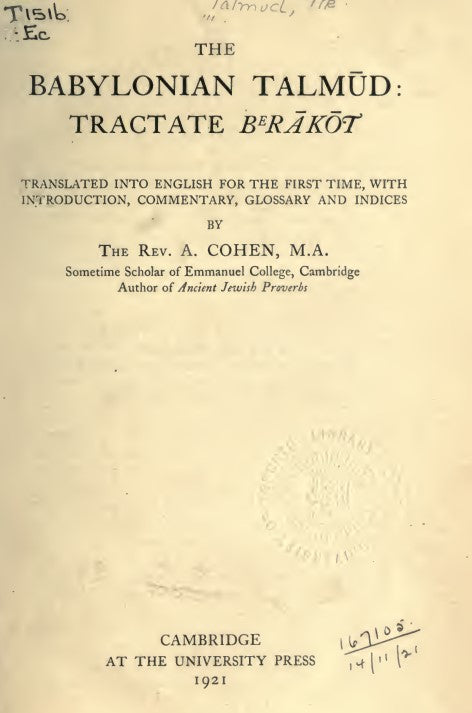 The Babylonian Talmud  Tractate Berakot - A Cohen 1921.pdf