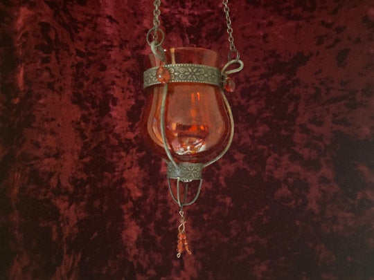 Moroccan Hanging Glass Candle Holder - Red