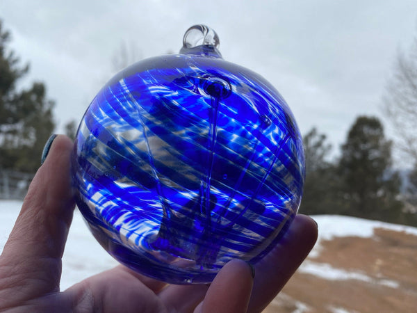 Witch's Ball - Hand Blown Glass Ornament - 4.5 Inches Blue Swirl