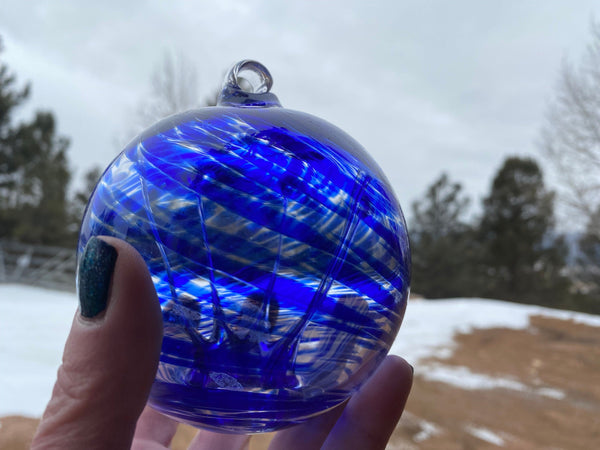 Witch's Ball - Hand Blown Glass Ornament - 4.5 Inches Blue Swirl
