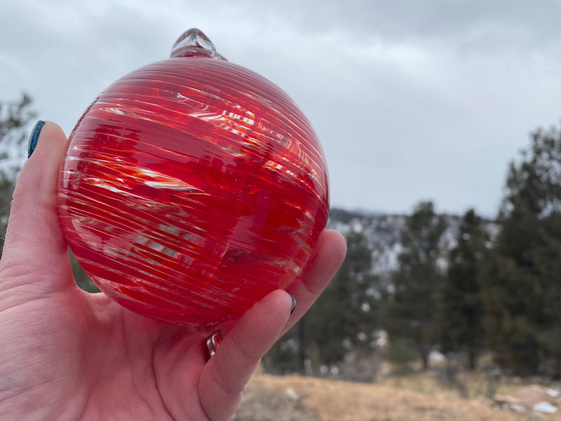 Witch's Ball - Hand Blown Glass Ornament - 4.5 Inches Red Swirl