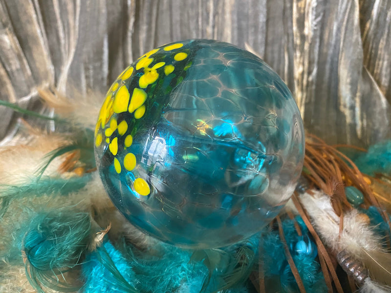 Witch Ball - Aqua/Yellow Spots, Large 4"