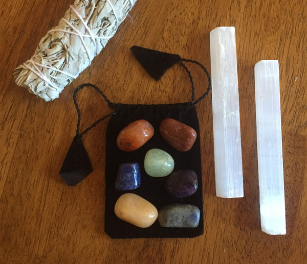 Chakra Gemstone Set (7 Stones) in Black Velvet Bag with Chart