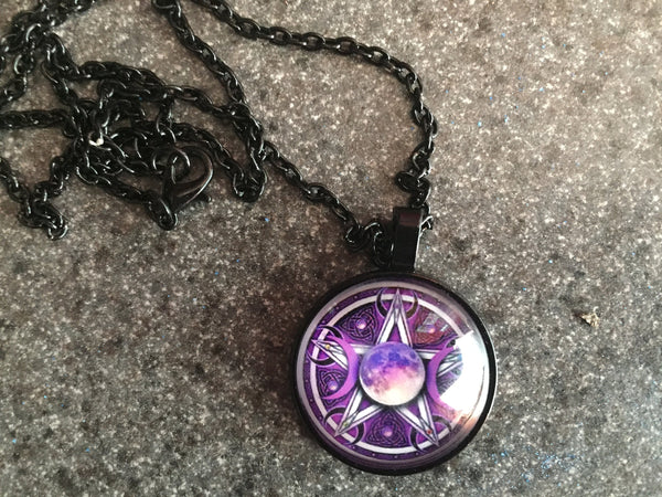 Purple Triple Moon Goddess Necklace Pentagram Black Chain 20 Inches