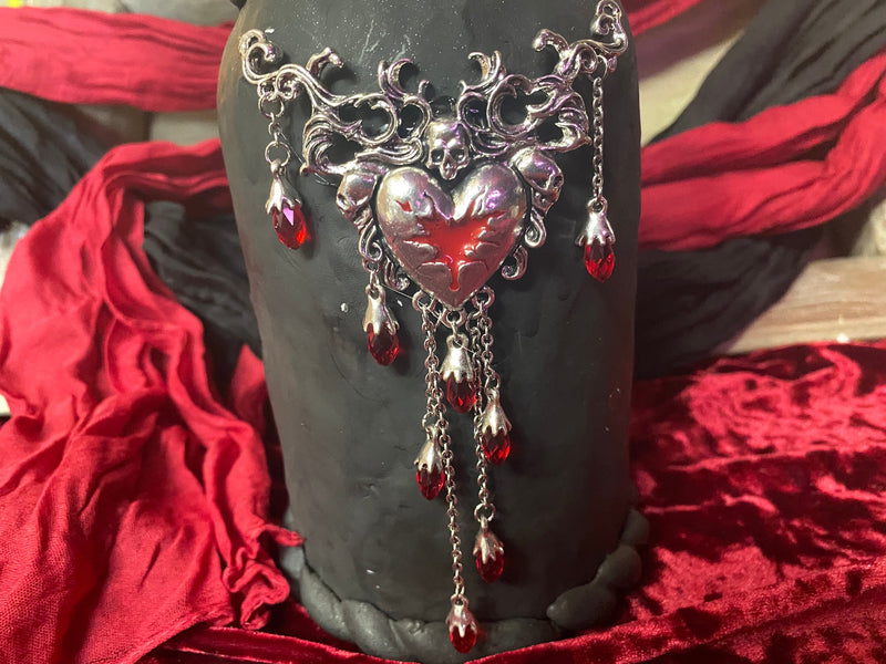 Handcrafted Clay Glass Altar Jar Black with Silver Heart Red Stone Dangles Skull with Cork Glass Stone Top