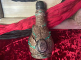 Handcrafted Clay Glass Altar Jar Leaves and Dragon Vein Stone Copper with Glass Stone Top