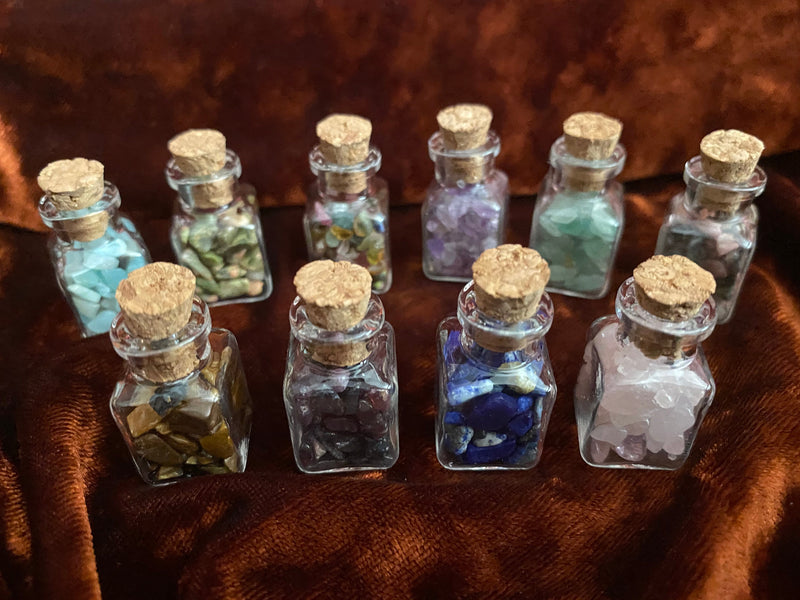 Gemstone Chips Square Tiny Glass Bottles with Cork - 10 Types of Stones