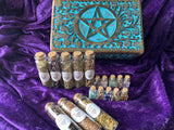 Witch's Apothecary Box with Herbs and Gemstone Glass Vials + Spells