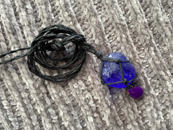 Blue Sea Glass Purple Stone Macrame Hemp Necklace 30 Inches Adjustable