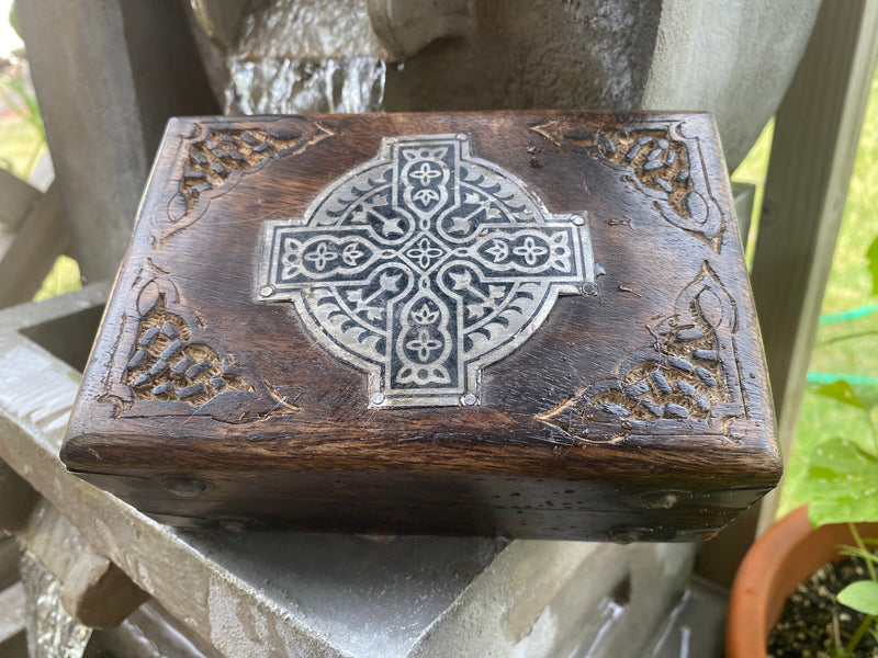 Celtic Cross Mango Wood Metal Inlay 4x6" Altar Box