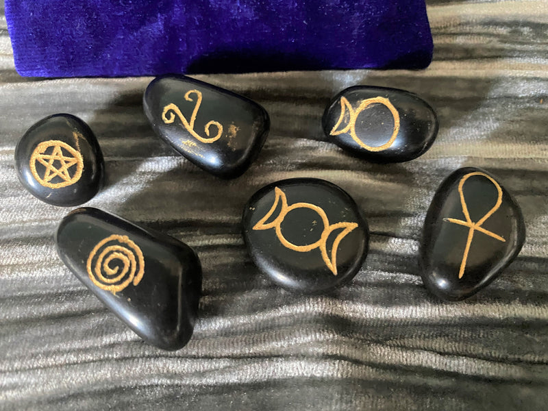 Witch Sigil Stones Black Agate 6 Piece Altar Stones