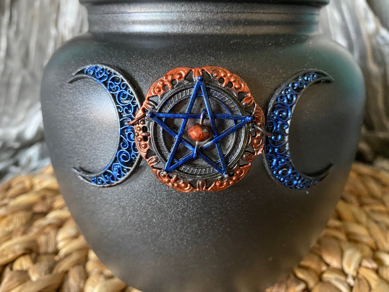 Triple Moon Goddess Altar Jar Gunmetal Glass 6.5 inches