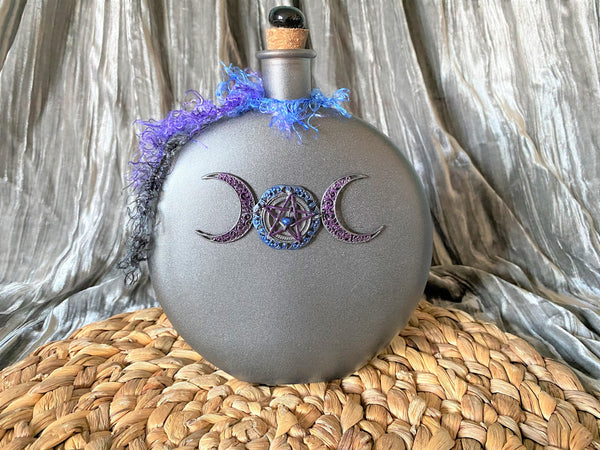 Triple Moon Goddess Altar Jar Gunmetal Glass 8 inches Round Flat