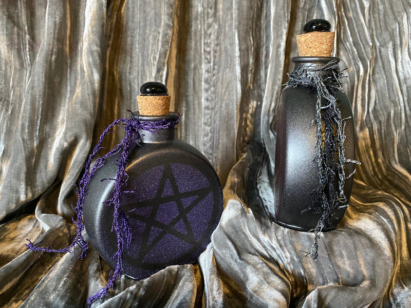 Empty Witch Jar Gunmetal Glass Pentagram Cork 5.5 Inches