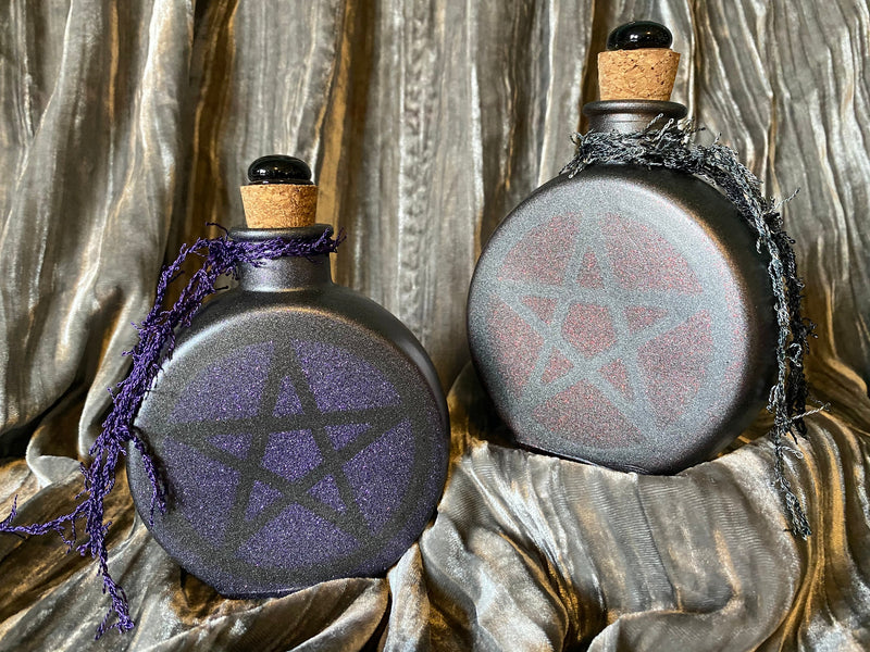 Empty Witch Jar Gunmetal Glass Pentagram Cork 5.5 Inches