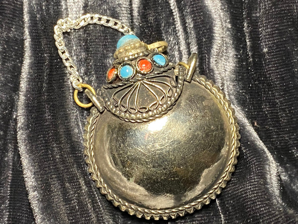 Vintage Tibetan Silver Snuff Bottle Pendant with Spoon 1.5 inches