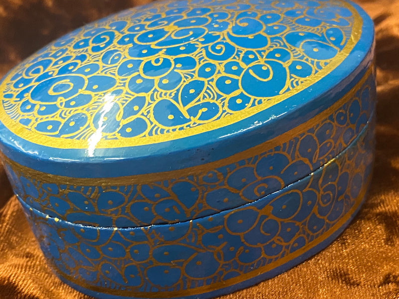 Box Paper Mache Hand Painted Blue and Gold Design 3.5 Inches Handmade Herb/Trinket/Altar