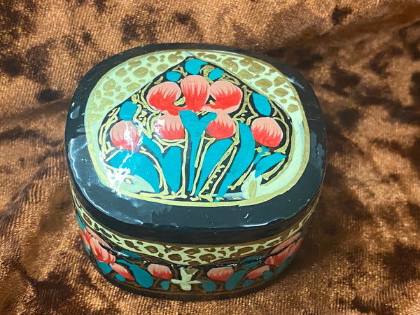 Box Paper Mache Hand Painted Red Iris Design 2 Inches Handmade Herb/Trinket/Altar