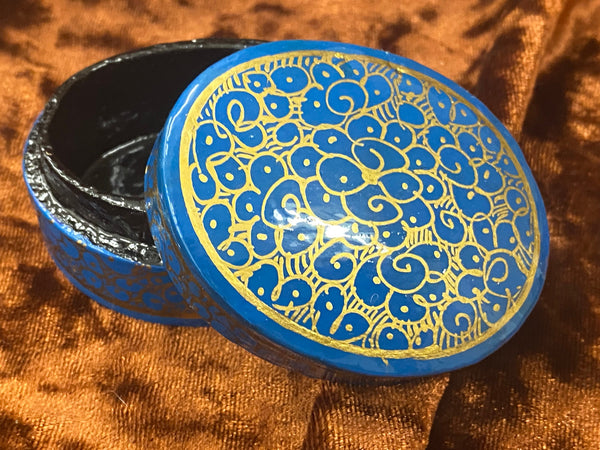 Box Paper Mache Hand Painted Blue Gold Swirl Design 2 Inches Handmade Herb/Trinket/Altar