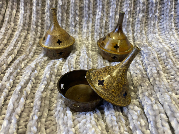 Incense Burner Solid Brass with Heat Treated Amber Texture Paint Cone or Stick 2 Inches