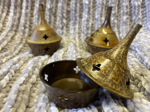 Incense Burner Solid Brass with Heat Treated Amber Texture Paint Cone or Stick 2 Inches