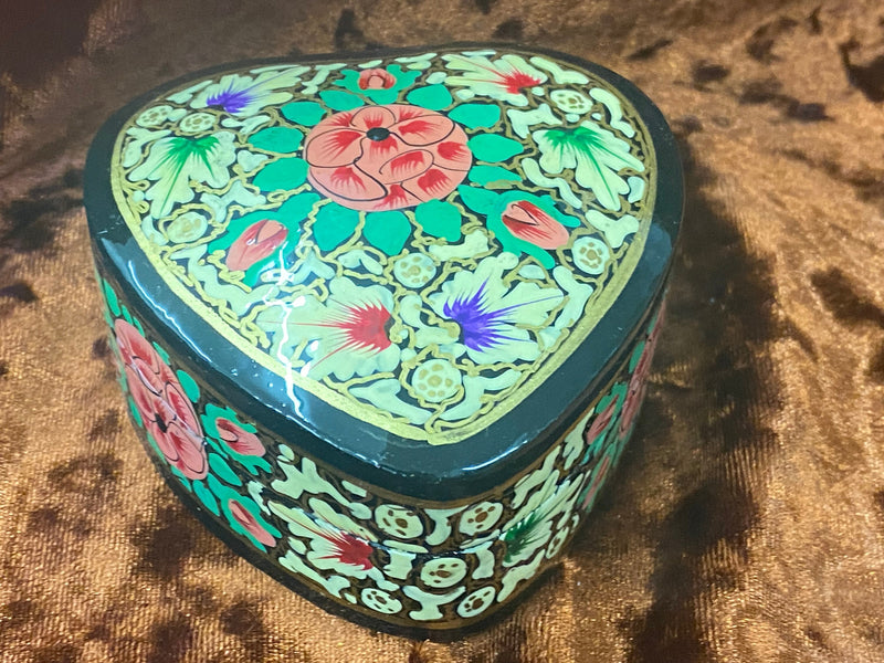 Box Paper Mache Hand Painted Green and Red Floral Design 3.25 Inches Handmade Herb/Trinket/Altar