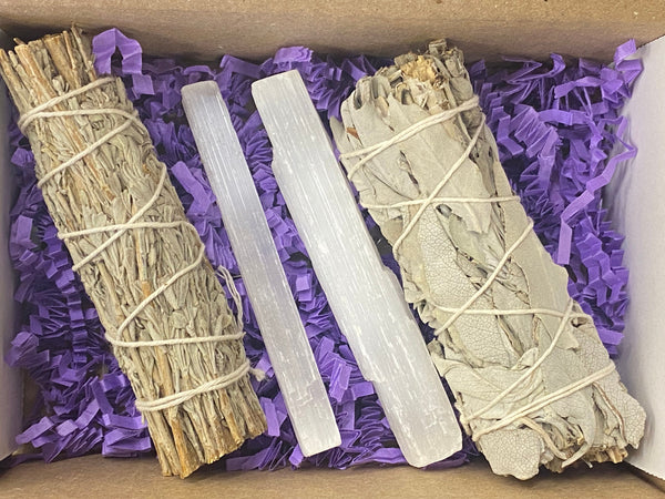 Smudging Gift Box Kit 4 Inch Each White Sage, Blue Sage, Two Selenite Wands
