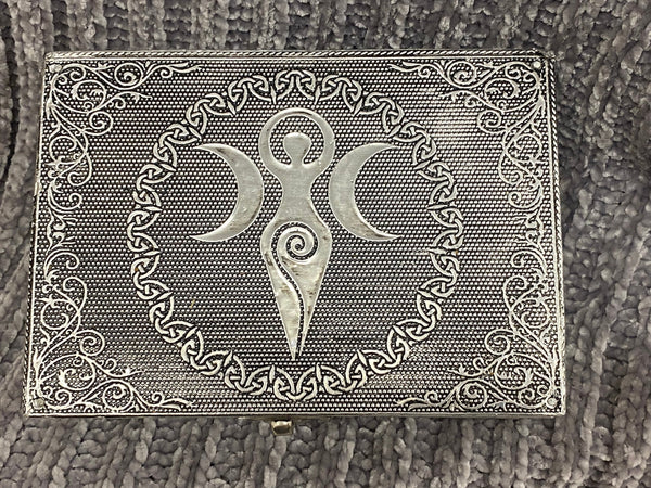 Triple Moon Goddess Chest Metal On Wood Black Velvet Lined 6.75x4.75