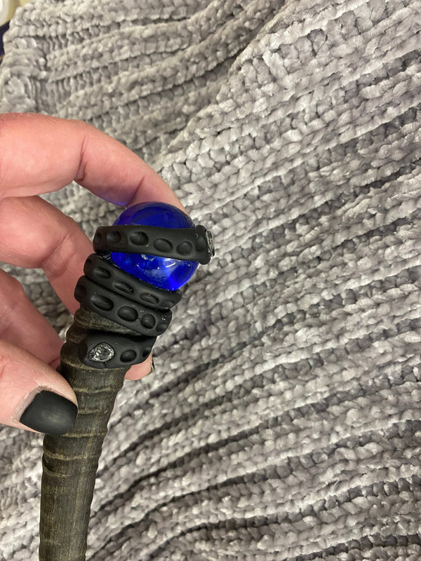 Springbok Horn Crystal Wand Clay 9 Inches Royal Blue Glass Ball One of a Kind Handmade