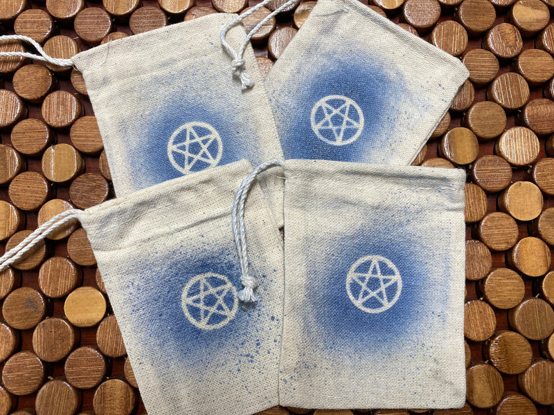 Muslin Drawstring Pouches All Natural - Pentacle Painted Embellishment - Pack of Four