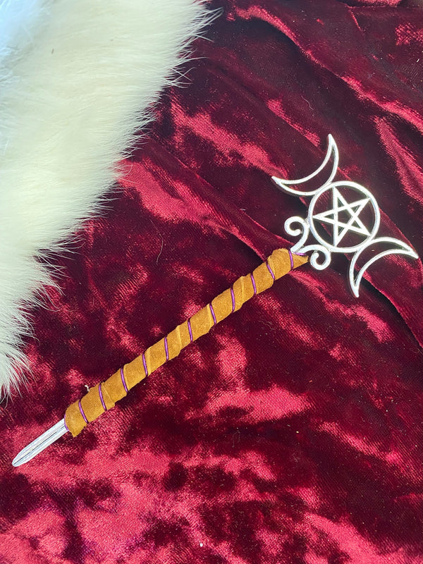 Candle Scribe/Wand - Triple Moon Goddess Pentacle Leather Purple Wire Wrap 6 Inches