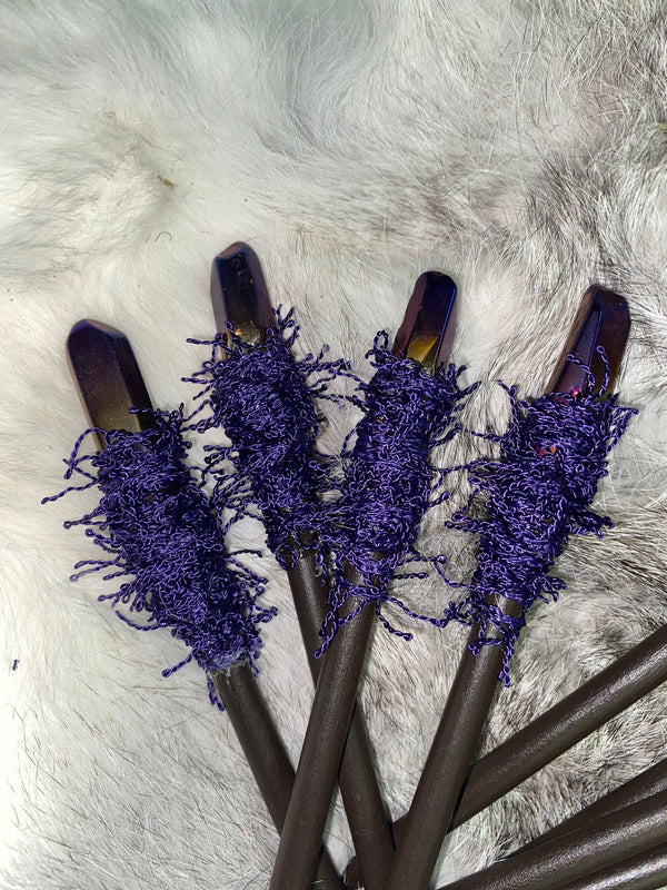 Mahogany Crystal Wand Carved 9 Inches Handmade Purple Blue or Clear Polished Crystal Titanium