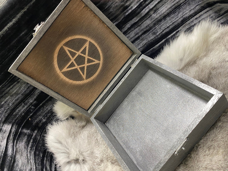 Pewter Box Teal Glass Stones - Laser Cut Wood - 6 Inches Handmade Pentacle