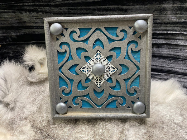 Pewter Box Teal Glass Stones - Laser Cut Wood - 6 Inches Handmade Pentacle