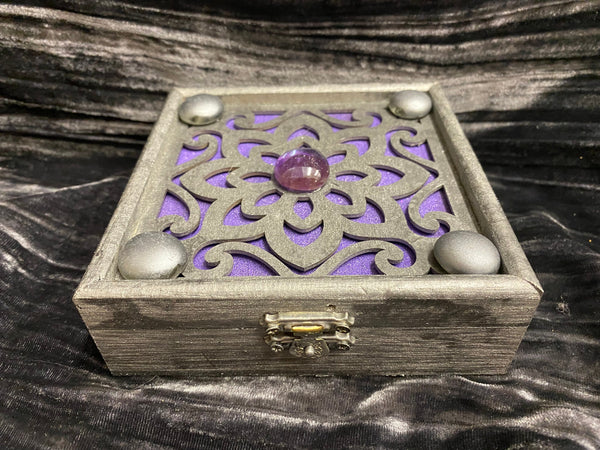 Pewter Box Purple Glass Stones - Laser Cut Wood - 6 Inches Handmade Pentacle