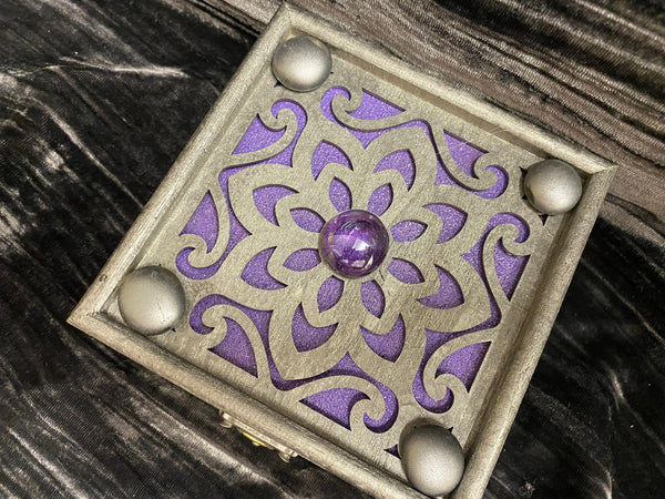 Pewter Box Purple Glass Stones - Laser Cut Wood - 6 Inches Handmade Pentacle